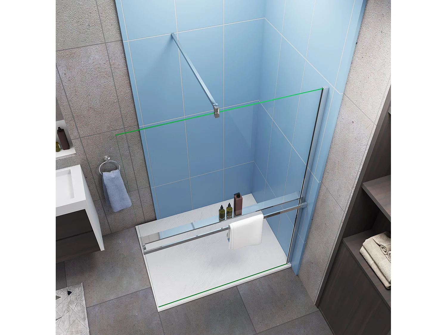 Paroi de douche à l'italienne Chrome 120x200cm - 8mm verre anticalcaire + Barre de fixation 140cm avec pince + Étagère de Douche 120cm en alu