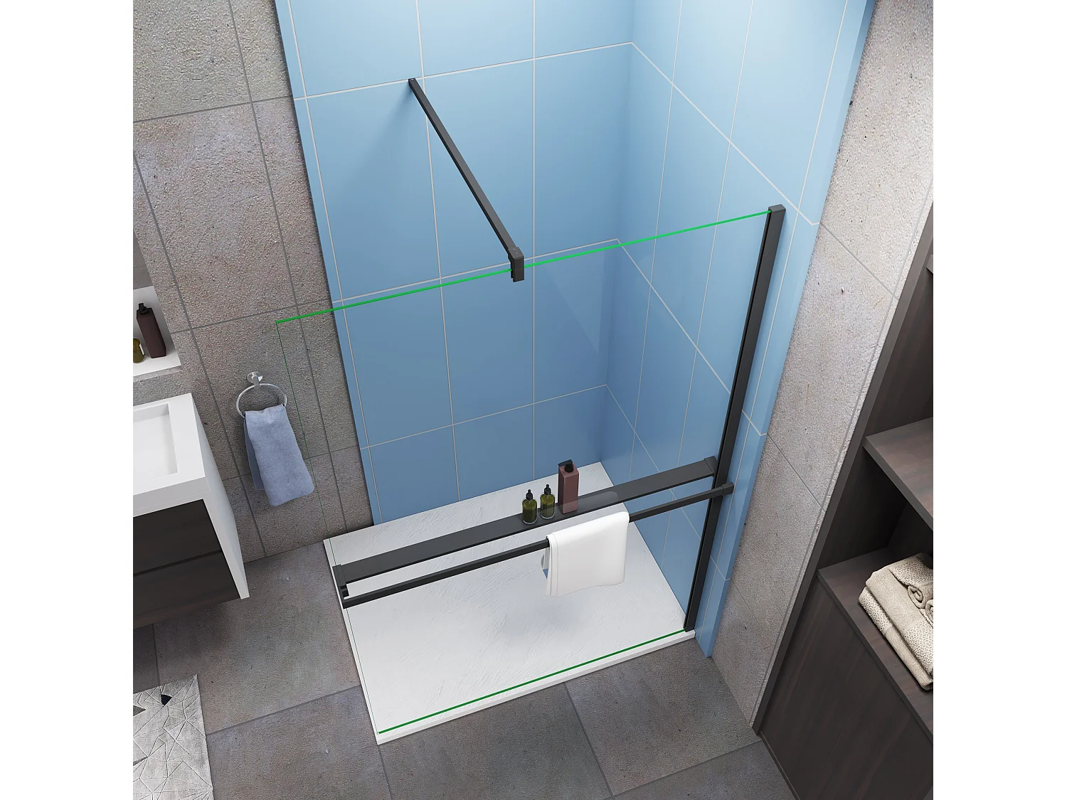 Paroi de douche fixe 120x200 cm + Barre de fixation 140cm avec pince + Étagère de Douche 120cm en alu - verre 8 mm anticalcaire - Noir mat