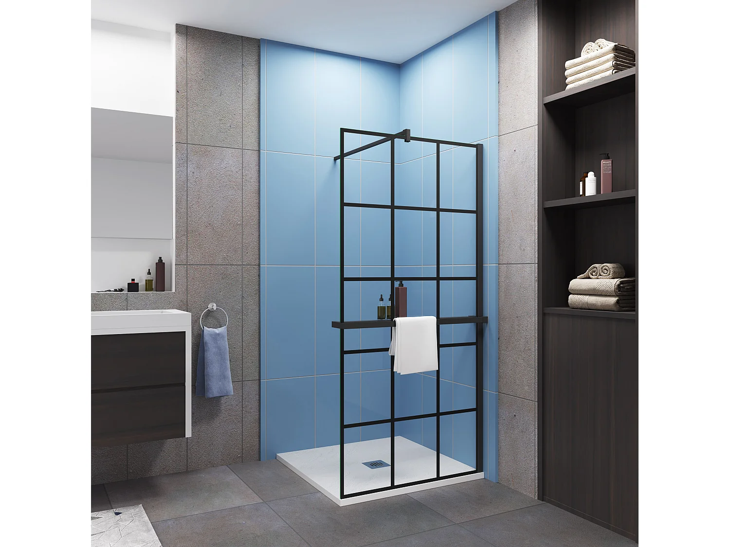 Paroi de douche à l'italienne noir 80x200cm + Étagère de Douche 80cm en alu - 8mm Verre anticalcaire avec barre de fixation noir 90cm