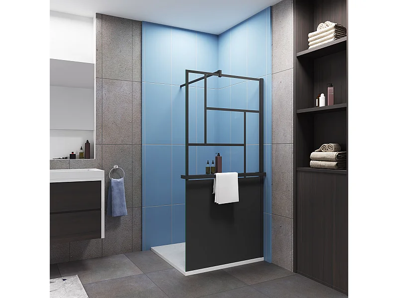 Paroi de douche 90x200cm style industriel + Étagère Douche 90cm noir + 8mm verre sécurité + barre fixation avec pince 90cm
