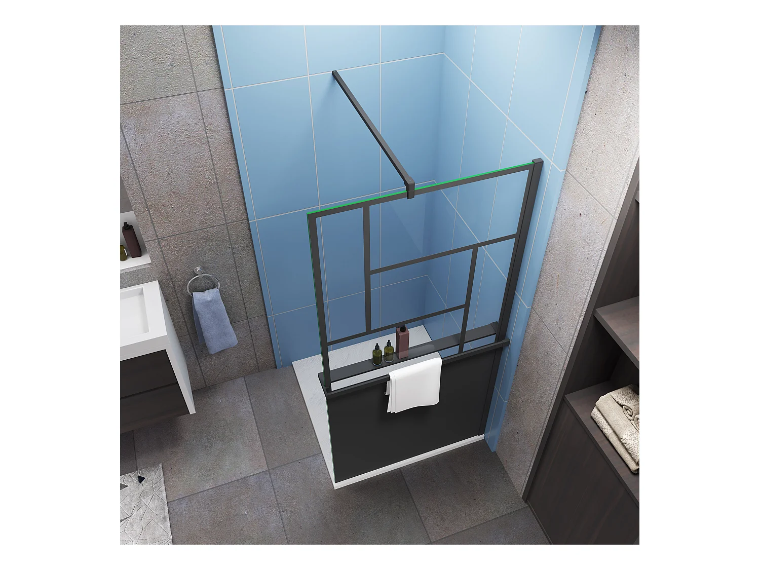 Paroi de douche 90x200cm style industriel + Étagère Douche 90cm noir + 8mm verre sécurité + barre fixation avec pince 90cm