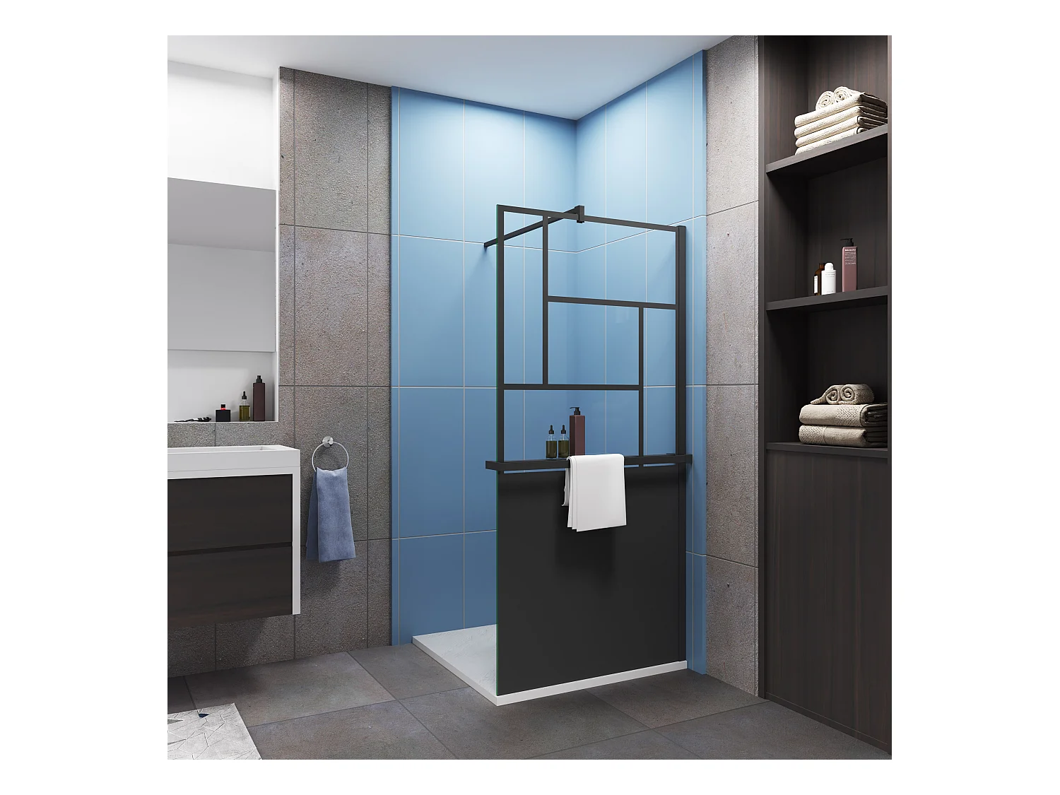 Paroi de douche 90x200cm style industriel + Étagère Douche 90cm noir + 8mm verre sécurité + barre fixation avec pince 90cm