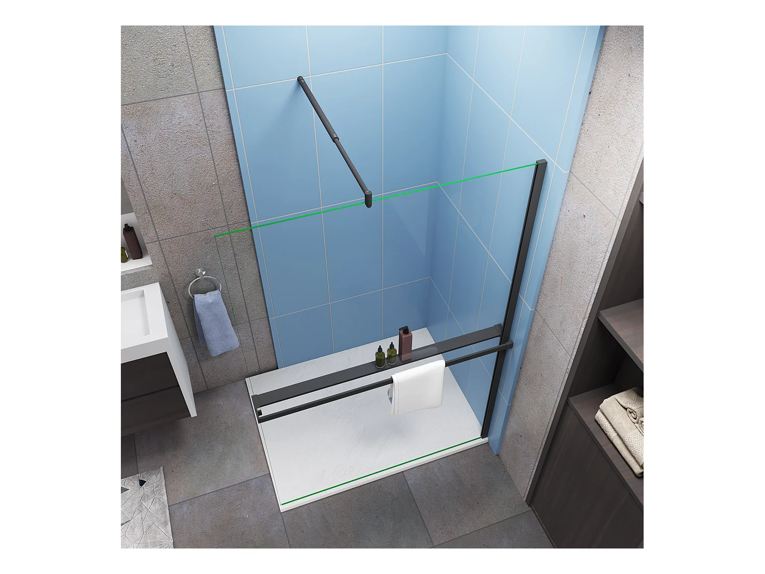 Paroi de douche fixe 120x200 cm + barre de fixation 70-120cm + Étagère de Douche 120cm alu - verre 8 mm anticalcaire - Noir mat