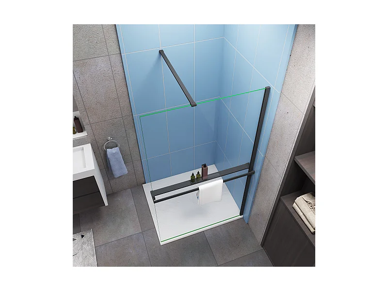Paroi de douche fixe 80x200 cm + barre de fixation 90cm + Étagère de Douche 80cm en alu - verre 8 mm anticalcaire - Noir mat