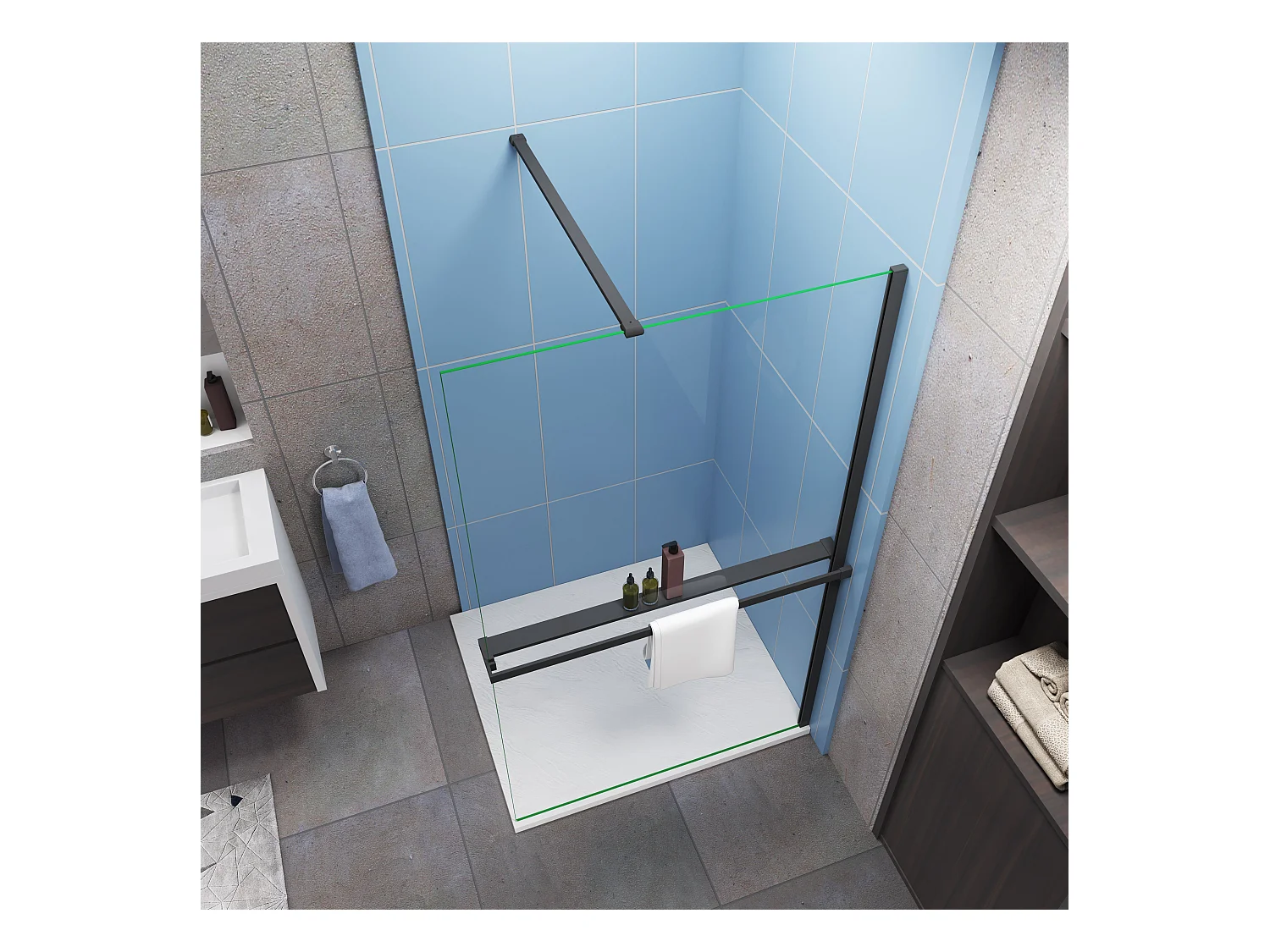 Paroi de douche fixe 80x200 cm + barre de fixation 90cm + Étagère de Douche 80cm en alu - verre 8 mm anticalcaire - Noir mat