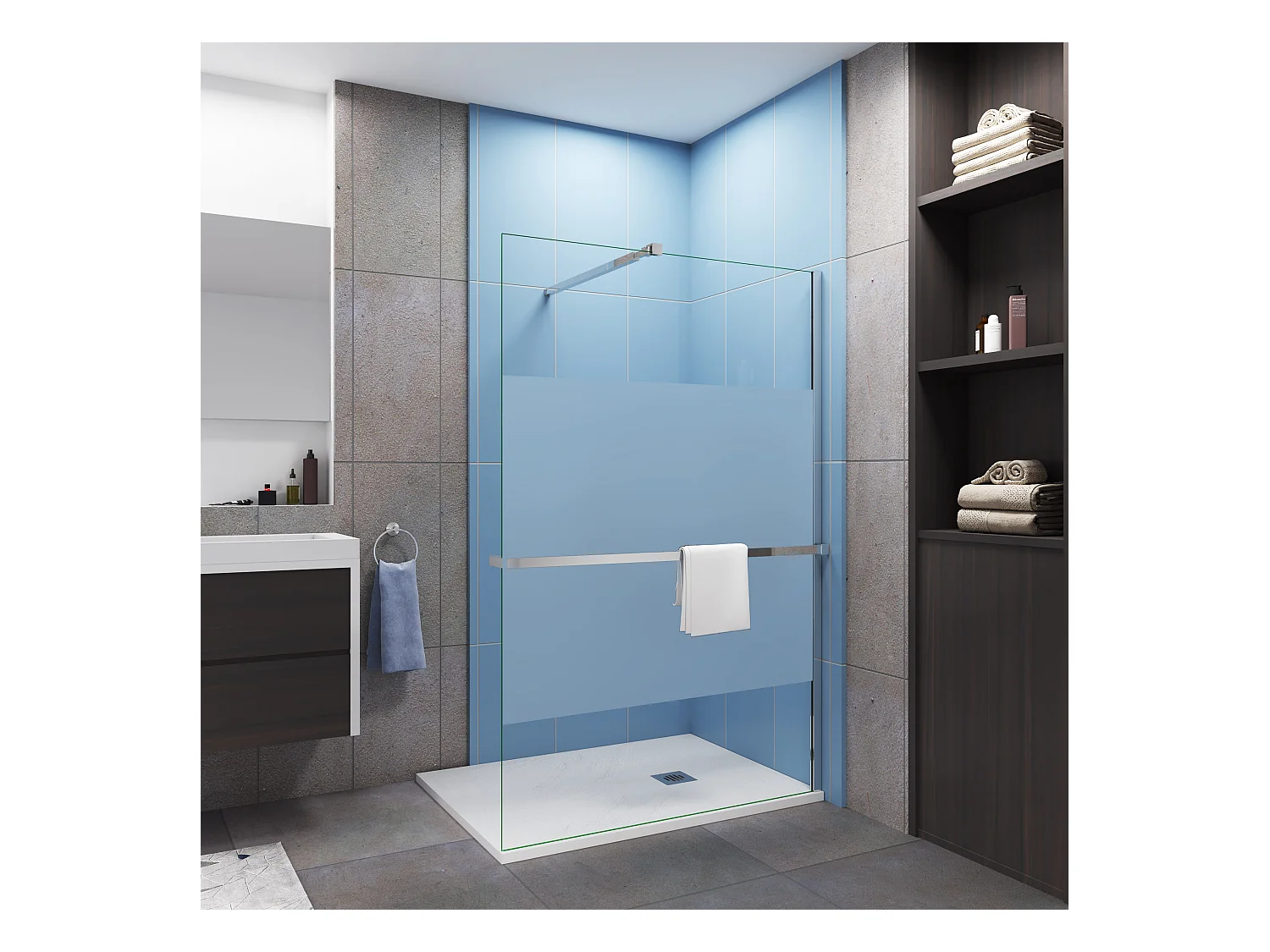 Paroi de douche Chrome 120x200cm - verre 8mm bande central dépoli + barre de extensible de 73-120cm + Étagère de Douche 120cm en alu