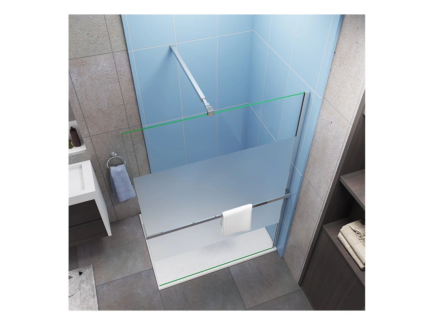 Paroi de douche Chrome 120x200cm - verre 8mm bande central dépoli + barre de extensible de 73-120cm + Étagère de Douche 120cm en alu