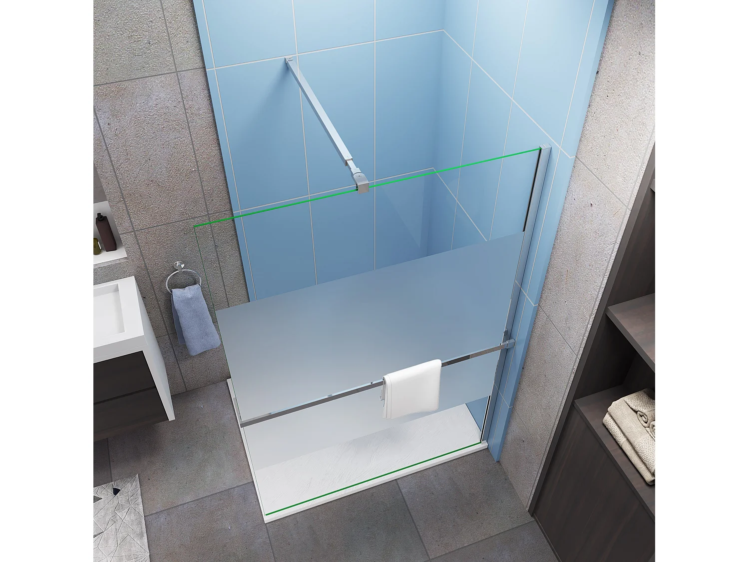 Paroi de douche Chrome 120x200cm - verre 8mm bande central dépoli + barre de extensible de 73-120cm + Étagère de Douche 120cm en alu