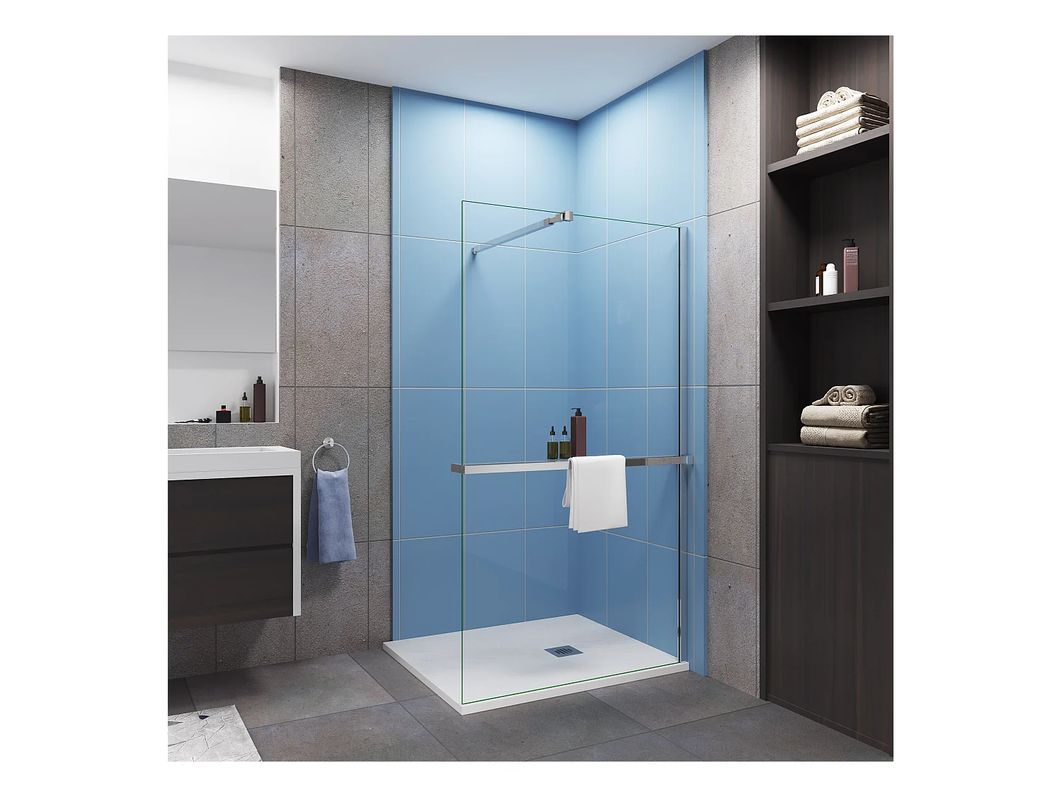 Paroi de douche à l'italienne Chrome 100x200cm - 8mm verre anticalcaire + Barre d'extensible 73-120cm + Étagère de Douche 100cm en alu