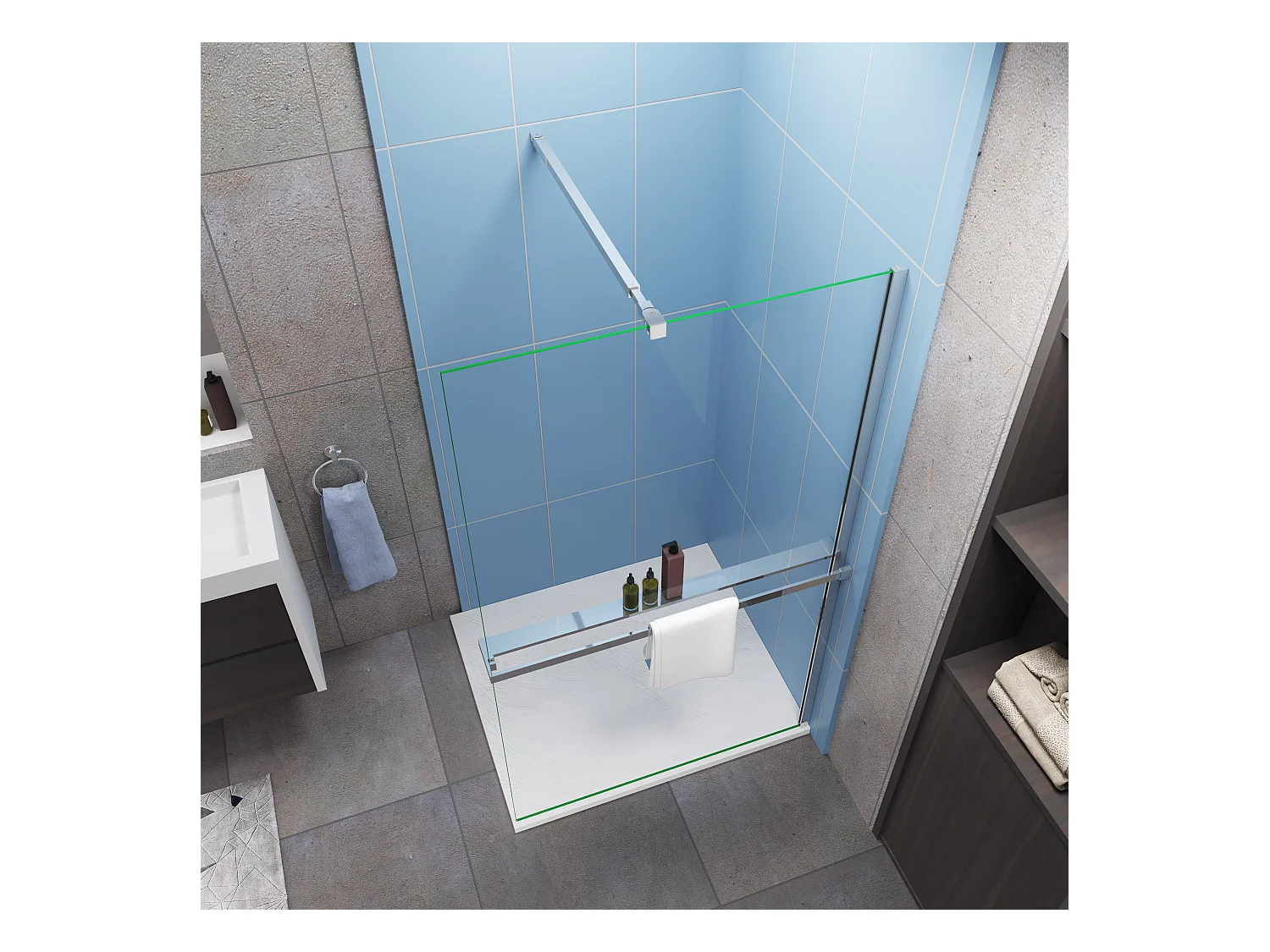 Paroi de douche à l'italienne Chrome 100x200cm - 8mm verre anticalcaire + Barre d'extensible 73-120cm + Étagère de Douche 100cm en alu