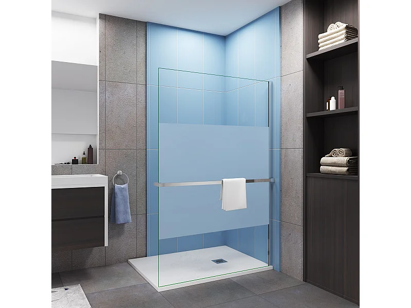 Paroi de douche à l'italienne Chrome 120x200cm - anticalcaire verre 8mm bande central dépoli Avec Étagère de Douche 120cm en alu chrome
