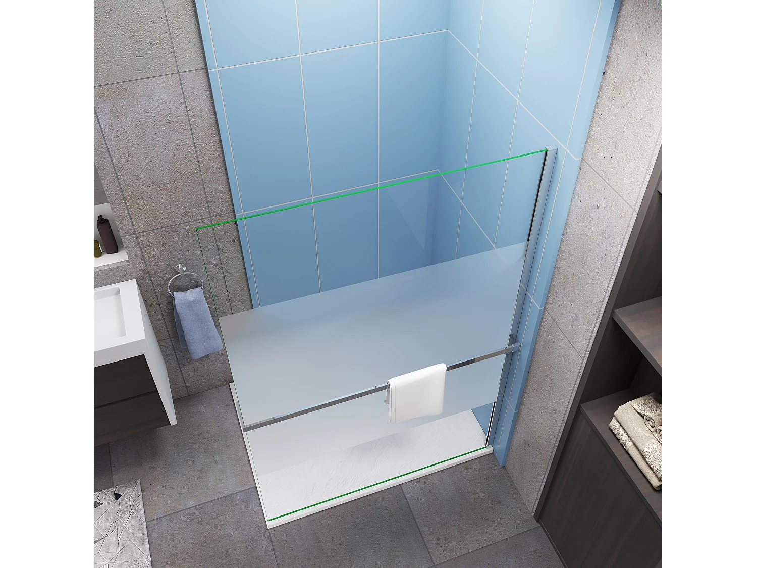 Paroi de douche à l'italienne Chrome 120x200cm - anticalcaire verre 8mm bande central dépoli Avec Étagère de Douche 120cm en alu chrome