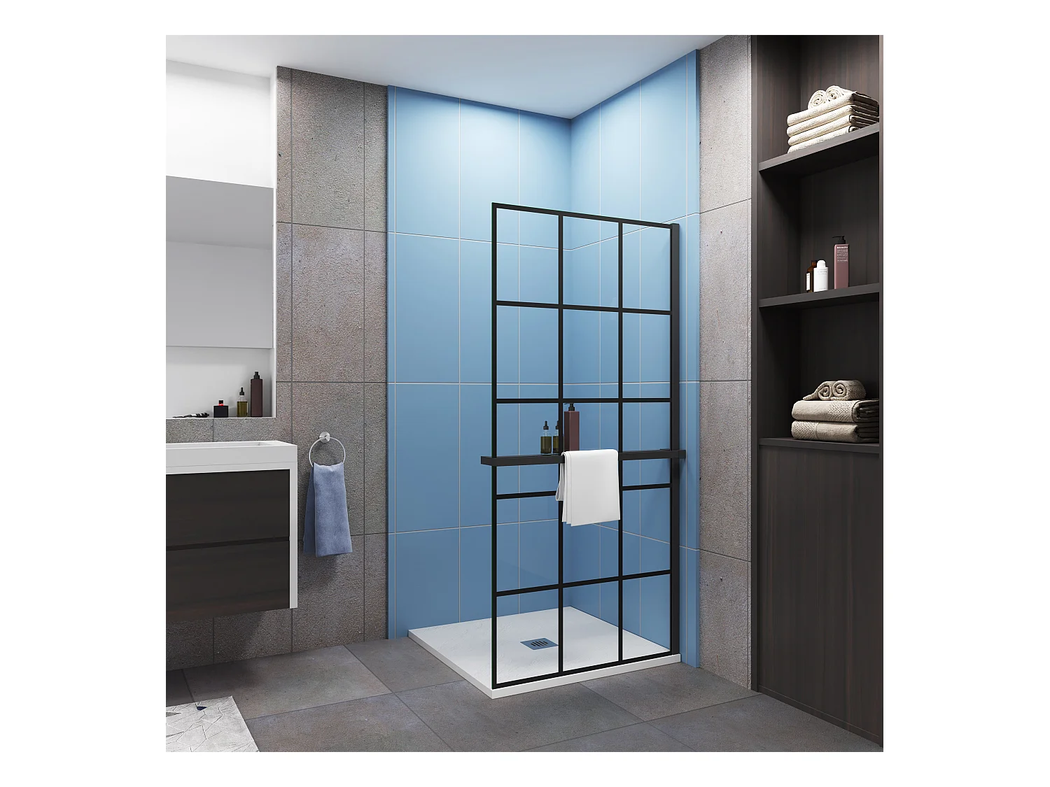 Paroi de douche à l'italienne noir 80x200cm + Étagère de Douche 80cm en alu - 8mm Verre coloré anticalcaire