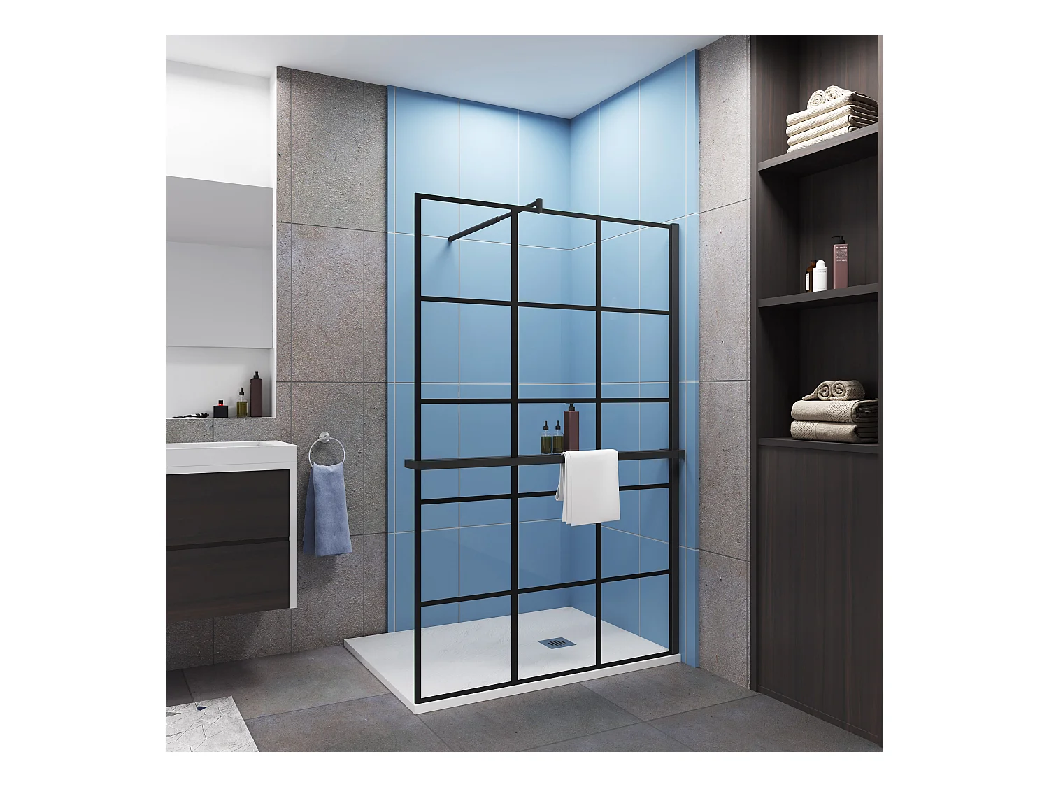 Paroi de douche à l'italienne noir 140x200cm + Étagère de Douche 140cm en alu - 8mm Verre coloré anticalcaire avec barre de fixation noir 70-120cm