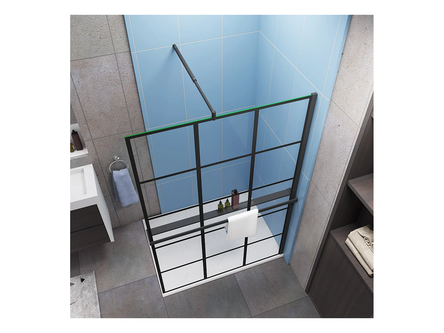 Paroi de douche à l'italienne noir 140x200cm + Étagère de Douche 140cm en alu - 8mm Verre coloré anticalcaire avec barre de fixation noir 70-120cm