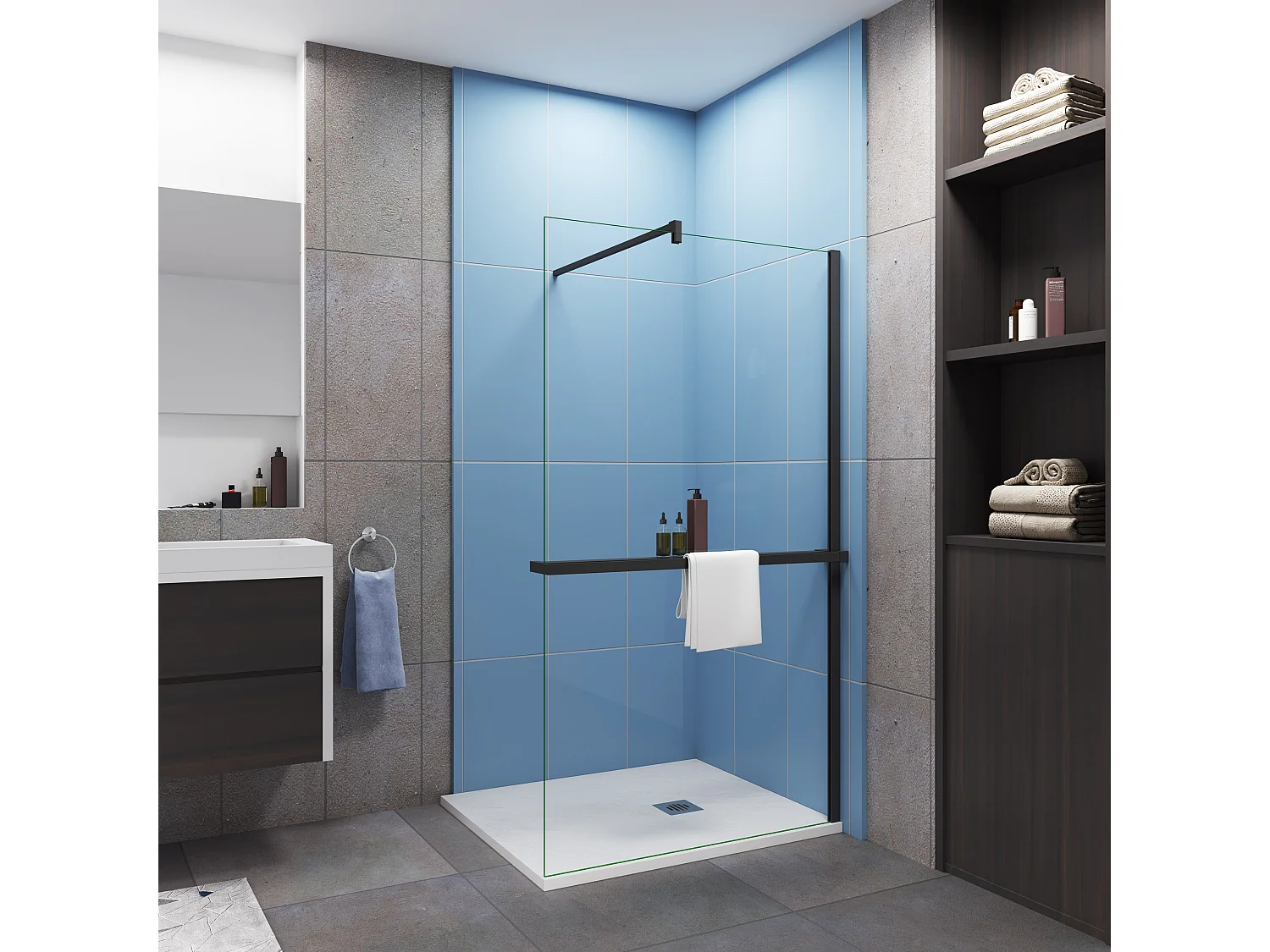 Paroi de douche fixe 9100x200 cm + Barre de fixation 90 cm avec pince + Étagère de Douche 100cm en alu - verre 8 mm anticalcaire - Noir mat