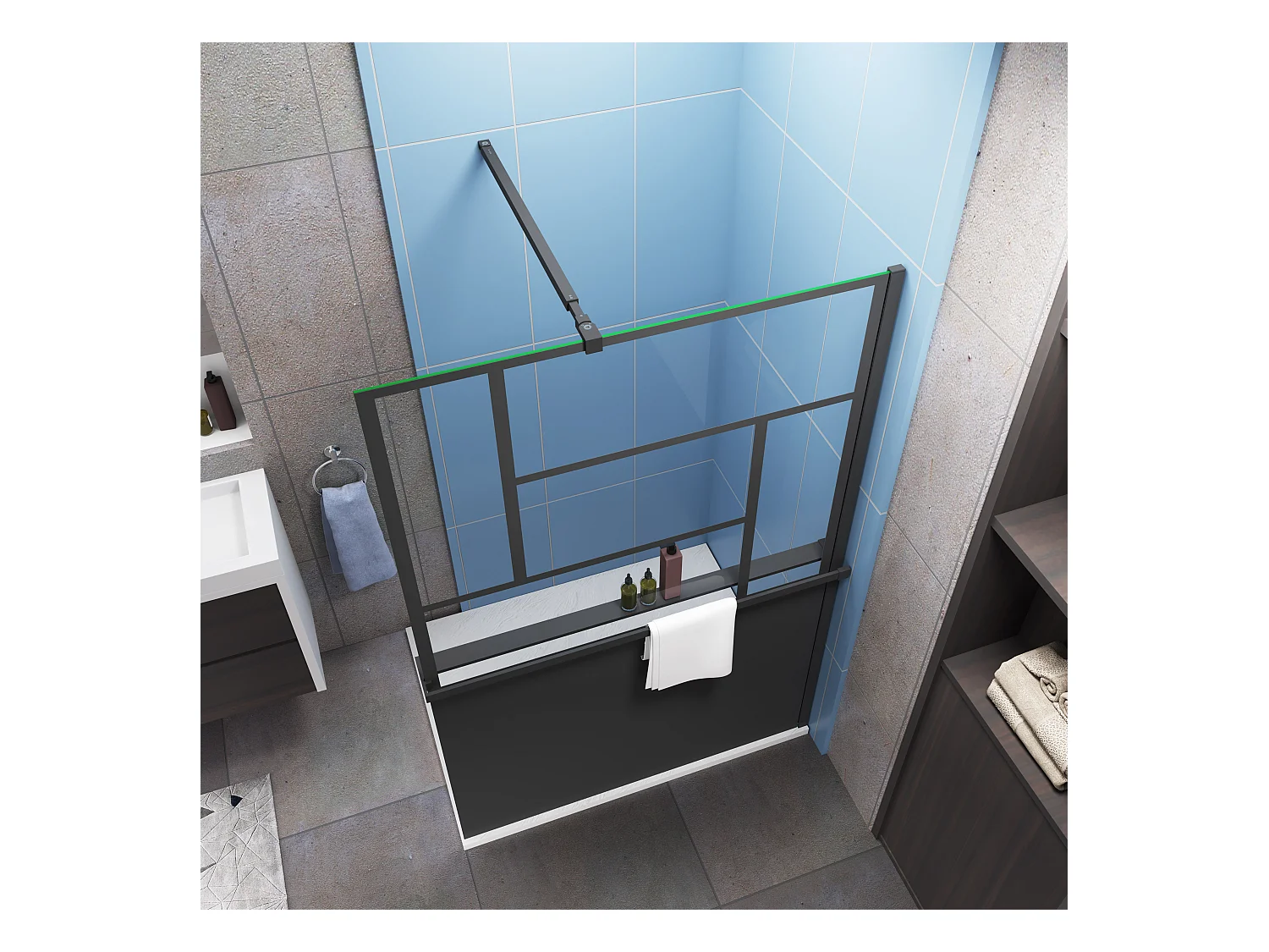 Paroi de douche 120x200cm style industriel + Étagère de Douche 120cm noir + 8mm verre anticalcaire + barre de fixation 73-120cm