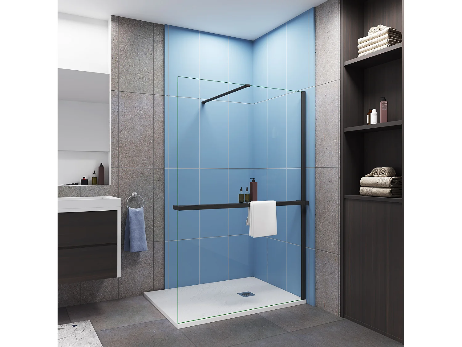 Paroi de douche fixe 120x200 cm + barre de fixation 90cm + Étagère de Douche 120cm en alu - verre 8 mm anticalcaire - Noir mat