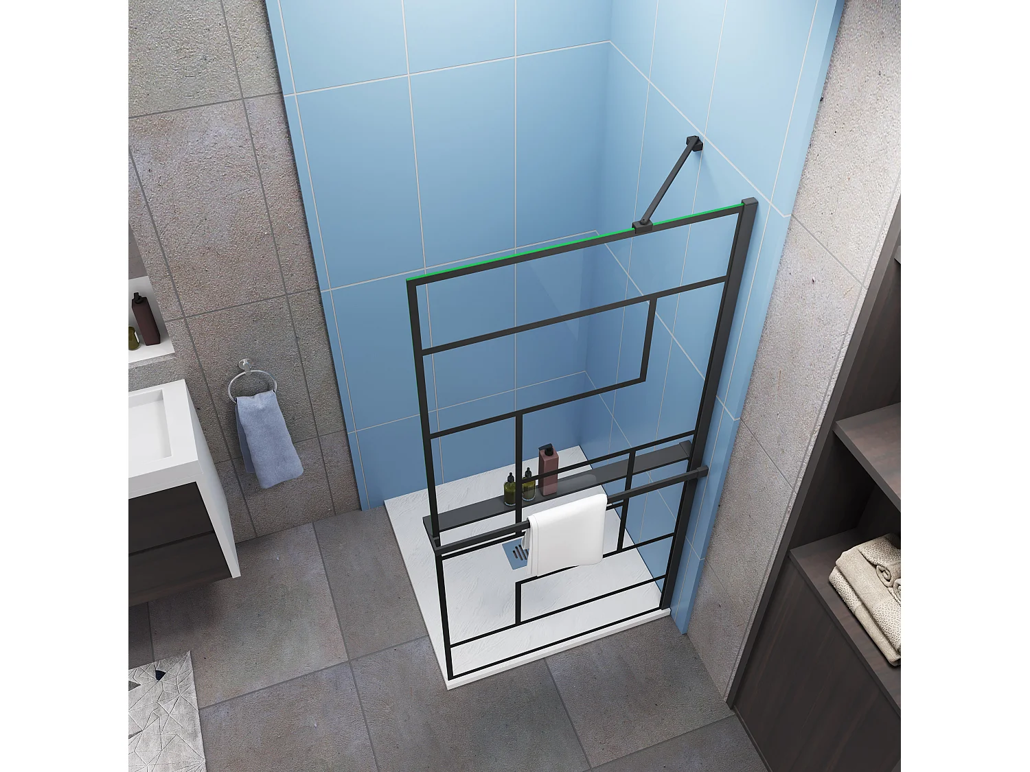 Paroi de douche fixe Noir 80x200cm - 8mm verre anticalcaire Style moderne + Étagère de Douche 80cm alu + barre de fixation 45cm
