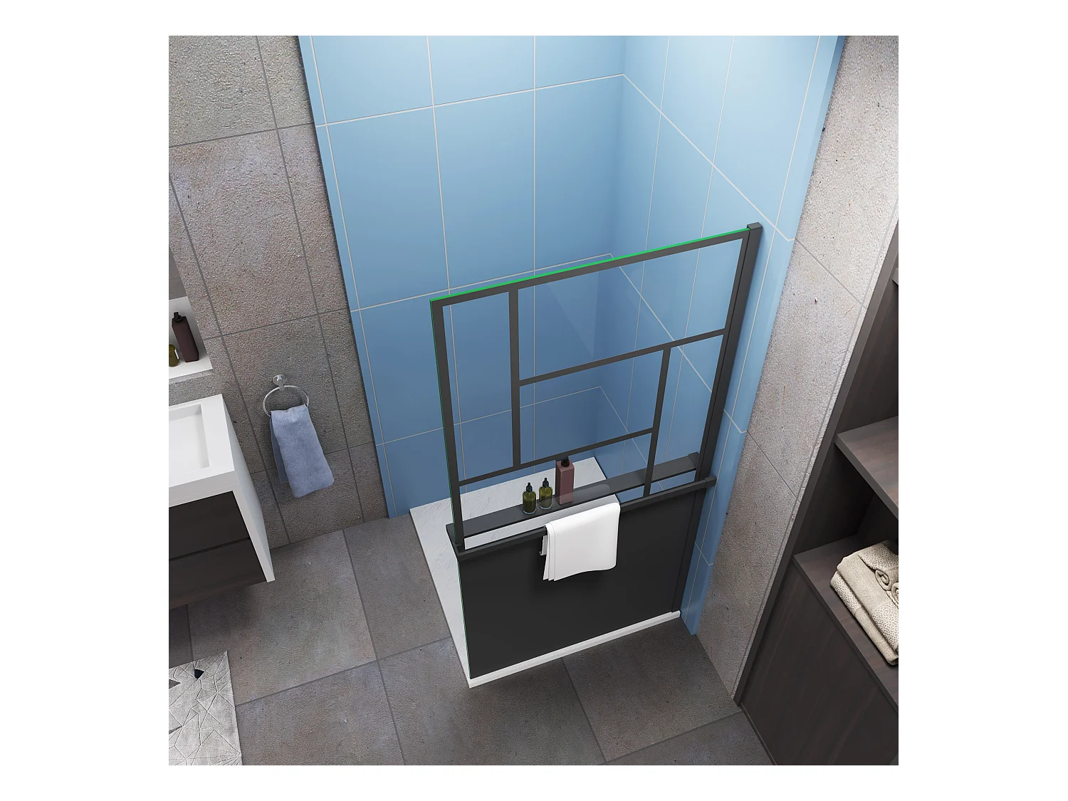 Paroi de douche 90x200cm style industriel + Étagère de Douche 90cm en alu noir + 8mm verre anticalcaire