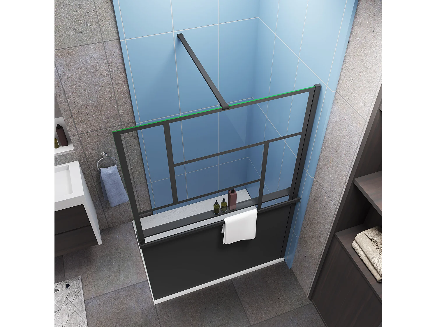 Paroi de douche 100x200cm style industriel + Étagère de Douche 100cm en alu noir + 8mm verre anticalcaire + barre fixation 90cm