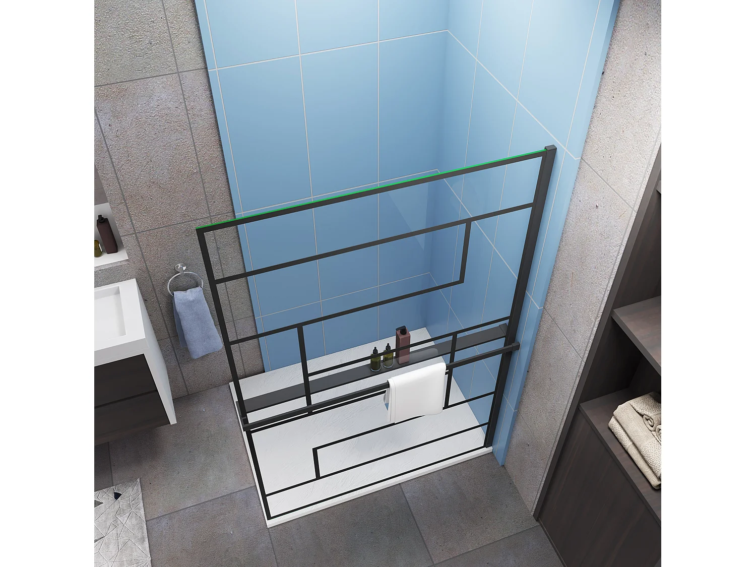 Paroi de douche 140 x 200cm - 8mm verre anticalcaire Style moderne + Étagère de Douche 140cm en alu