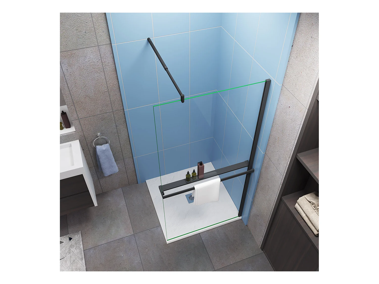 Paroi de douche fixe 90x200 cm + barre de fixation 70-120cm + Étagère de Douche 90cm en alu - verre 8 mm anticalcaire - Noir mat