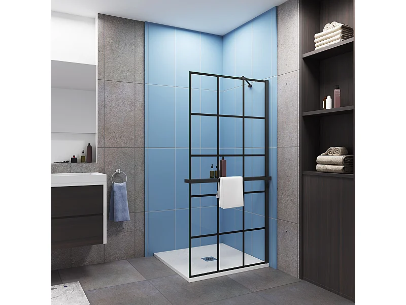Paroi de douche à l'italienne noir 90x200cm + Étagère de Douche 90cm alu - 8mm Verre sécurité + barre de fixation noir 45cm