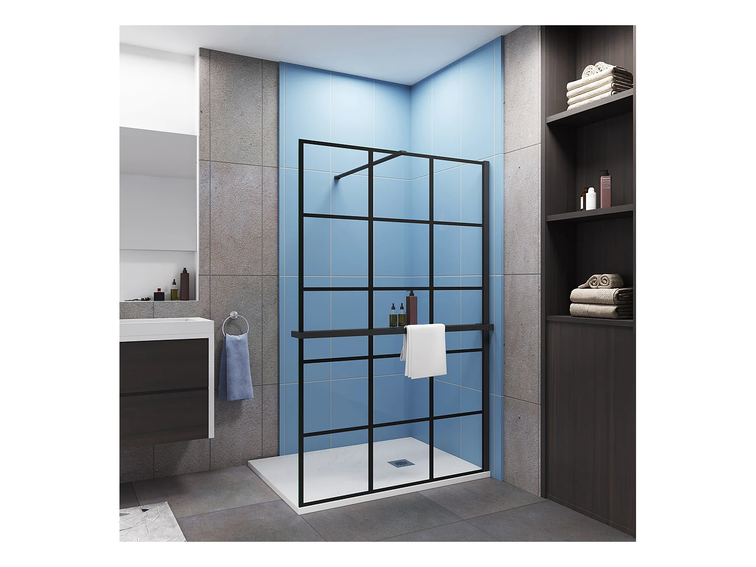 Paroi de douche à l'italienne noir 120x200cm + Étagère de Douche 120cm en alu - 8mm Verre coloré anticalcaire avec barre de fixation noir 140cm