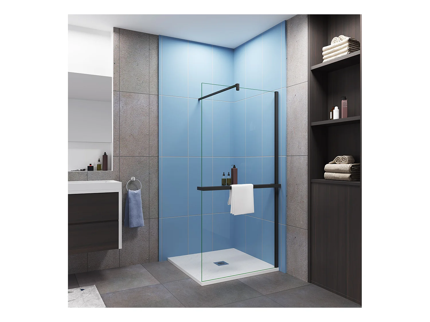 Paroi de douche fixe 80x200 cm + Barre de fixation 90 cm avec pince + Étagère de Douche 80cm en alu - verre 8 mm anticalcaire - Noir mat