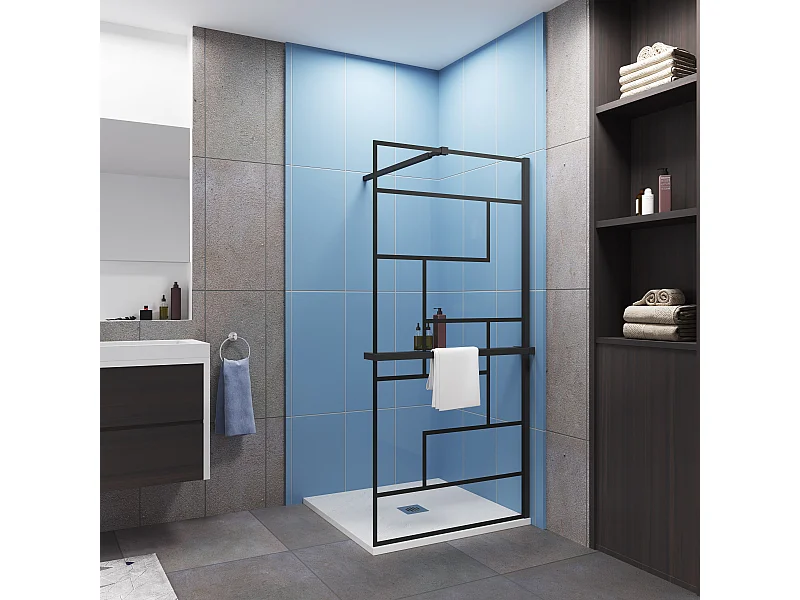 Paroi de douche fixe Noir 80 x 200cm - 8mm verre anticalcaire Style moderne + Étagère de Douche 80cm en alu + barre de fixation 73-120cm