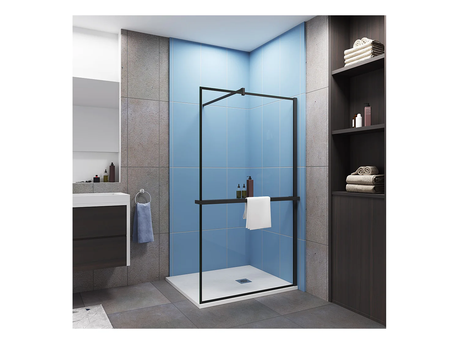 Paroi de douche à l'italienne Avec Étagère de Douche 80cm en alu noir - 80x200cm - 8mm verre anticalcaire + barre de fixation noir 140cm