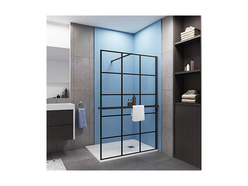 Paroi de douche à l'italienne noir 120x200cm + Étagère de Douche 120cm en alu - 8mm Verre coloré anticalcaire avec barre de fixation noir 90cm