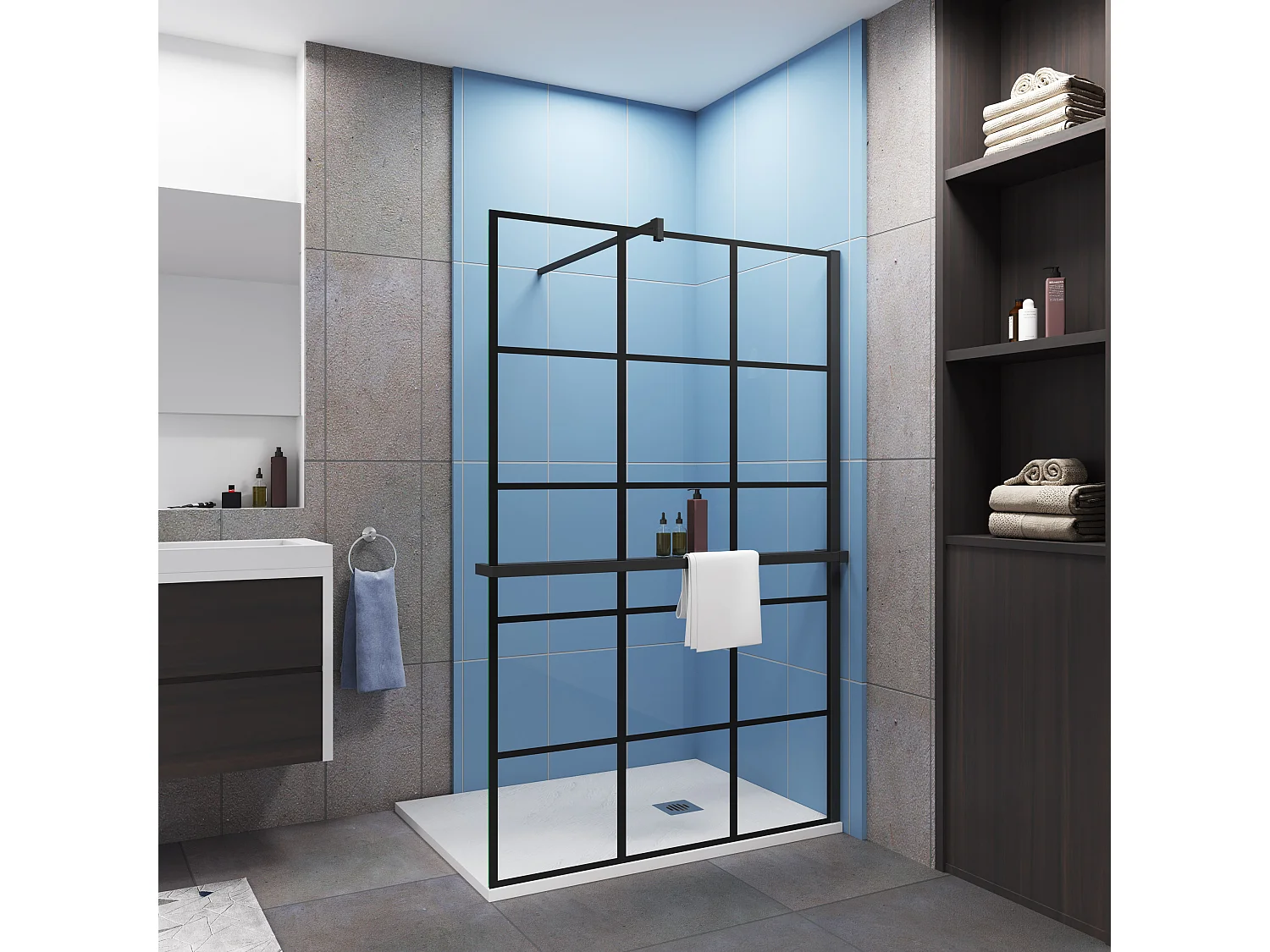 Paroi de douche à l'italienne noir mat 140x200cm + Étagère de Douche 140cm en alu - 8mm Verre anticalcaire avec barre de fixation noir mat 140cm