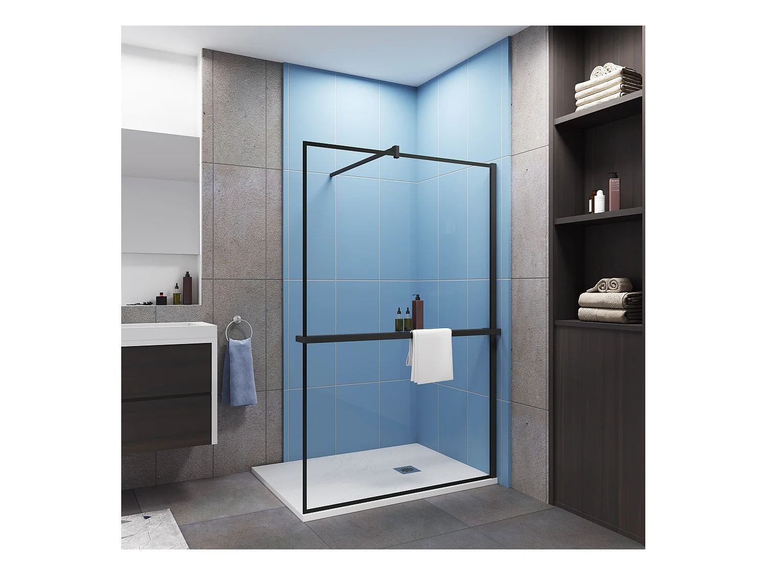 Paroi de douche à l'italienne Avec Étagère de Douche 140cm en alu noir - 140x200cm - 8mm verre anticalcaire + barre de fixation noir 90cm