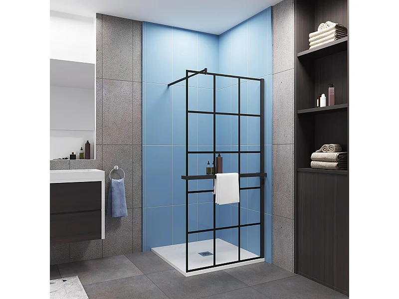 Paroi de douche à l'italienne noir 100x200cm + Étagère de Douche 100cm en alu - 8mm Verre coloré anticalcaire avec barre de fixation noir 70-120cm