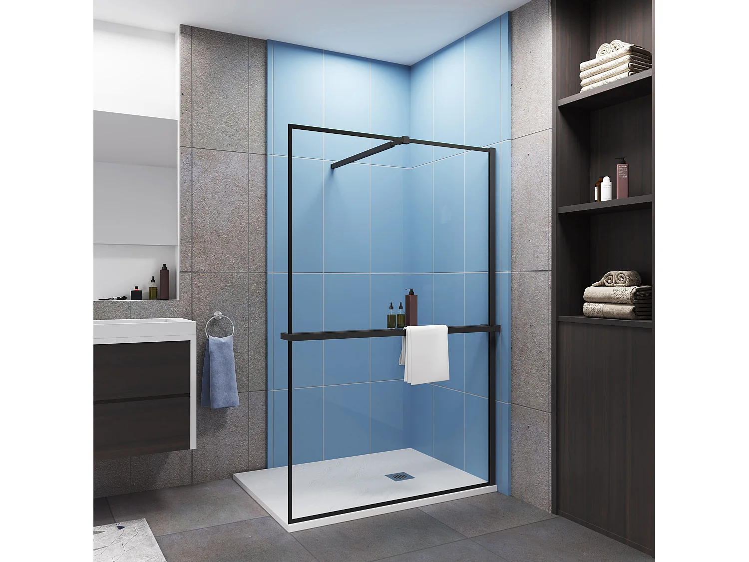 Paroi de douche à l'italienne noir 120x200cm - 8mm verre anticalcaire Avec Étagère de Douche 120cm en alu noir + barre de fixation noir 73-120cm