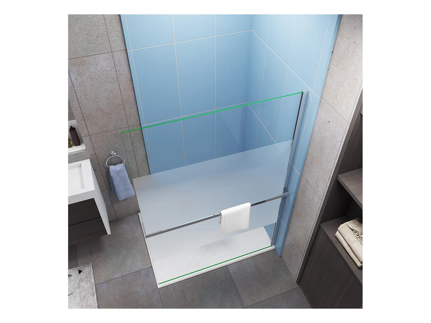 Paroi de douche à l'italienne Chrome 140x200cm - anticalcaire verre 8mm bande central dépoli Avec Étagère de Douche 140cm en alu chrome