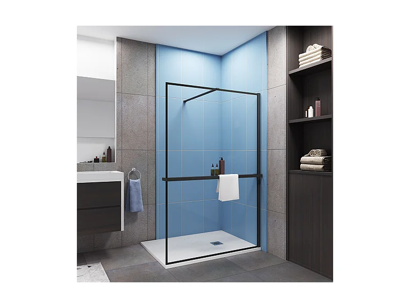 Paroi de douche à l'italienne noir 140x200cm - 8mm verre anticalcaire Avec Étagère de Douche 140cm en alu noir + barre de fixation noir 90cm