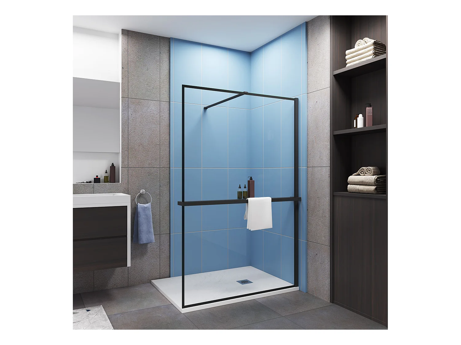 Paroi de douche à l'italienne noir 140x200cm - 8mm verre anticalcaire Avec Étagère de Douche 140cm en alu noir + barre de fixation noir 90cm