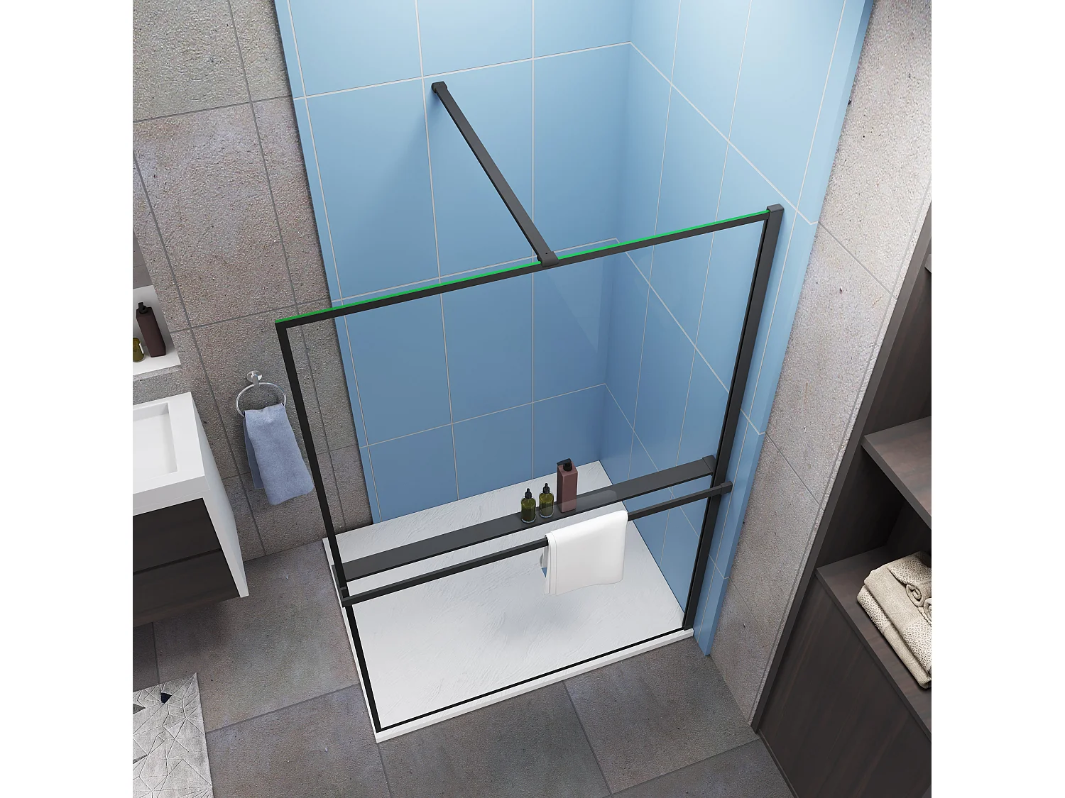 Paroi de douche à l'italienne noir 140x200cm - 8mm verre anticalcaire Avec Étagère de Douche 140cm en alu noir + barre de fixation noir 90cm