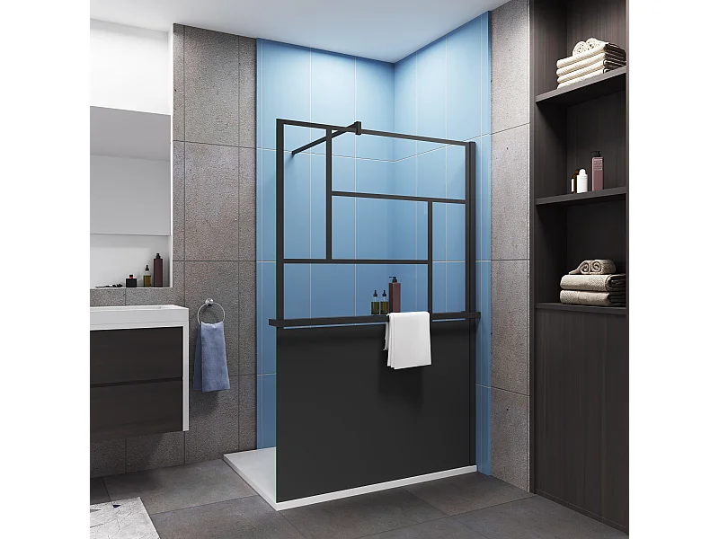 Paroi de douche 120x200cm style industriel + ÉtagèreDouche 120cm noir + 8mm verre sécurité + barre fixation 90cm avec pince