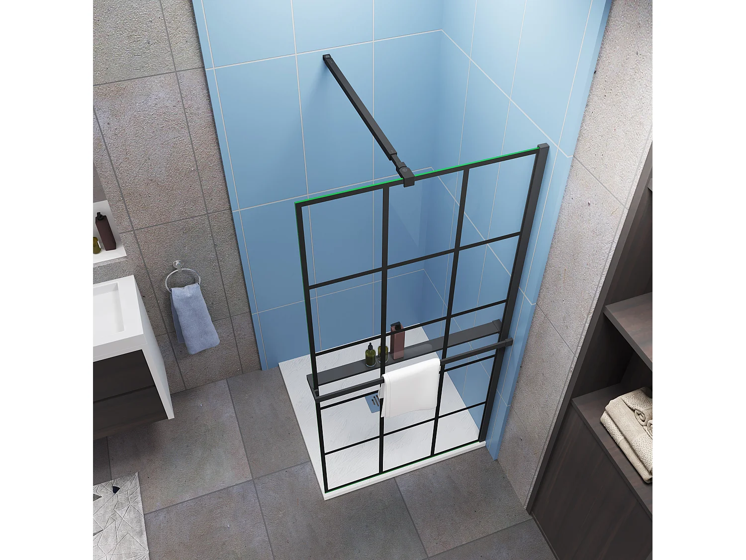 Paroi de douche à l'italienne noir 100x200cm + Étagère de Douche 100cm en alu - 8mm Verre coloré anticalcaire avec barre de fixation noir 73-120cm