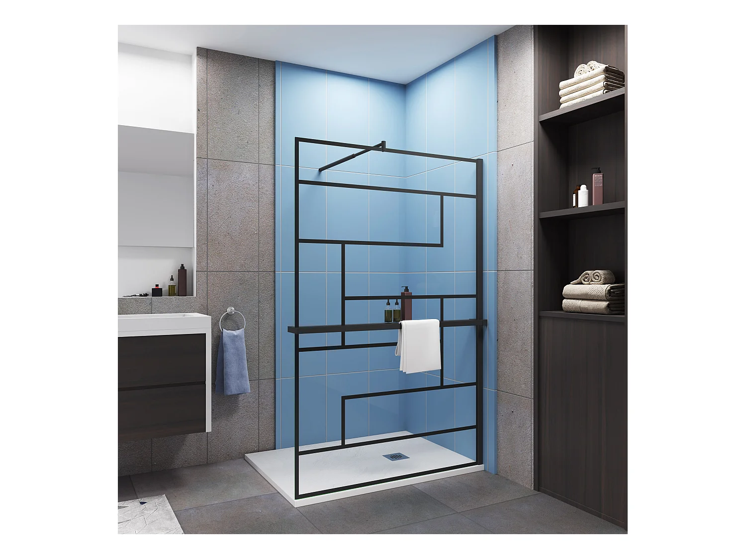 Paroi de douche fixe Noir 120 x 200cm - 8mm verre anticalcaire Style moderne + Étagère de Douche 120cm en alu + barre de fixation 70-120cm