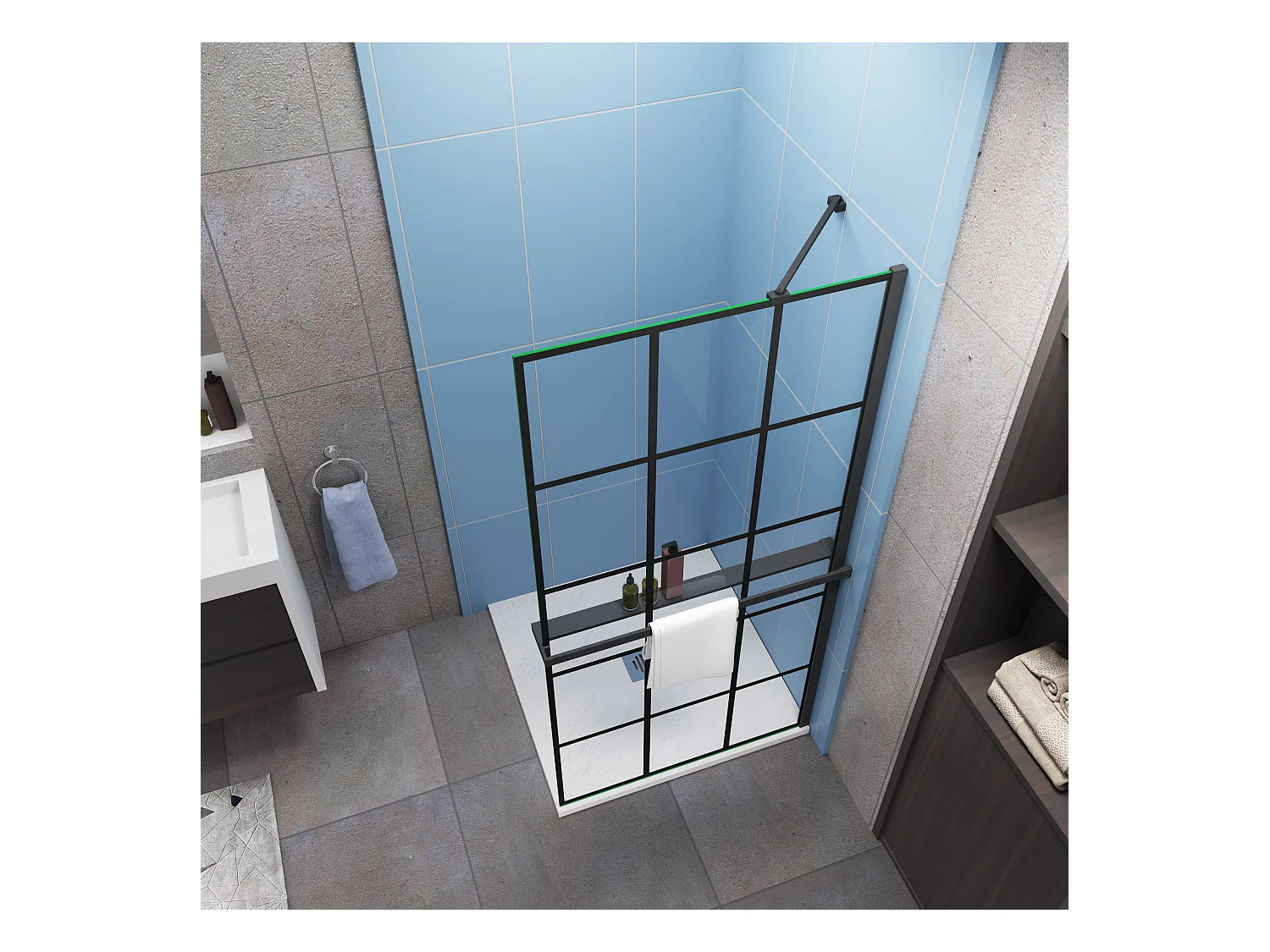 Paroi de douche à l'italienne noir 80x200cm + Étagère de Douche 80cm alu - 8mm Verre sécurité + barre de fixation noir 45cm