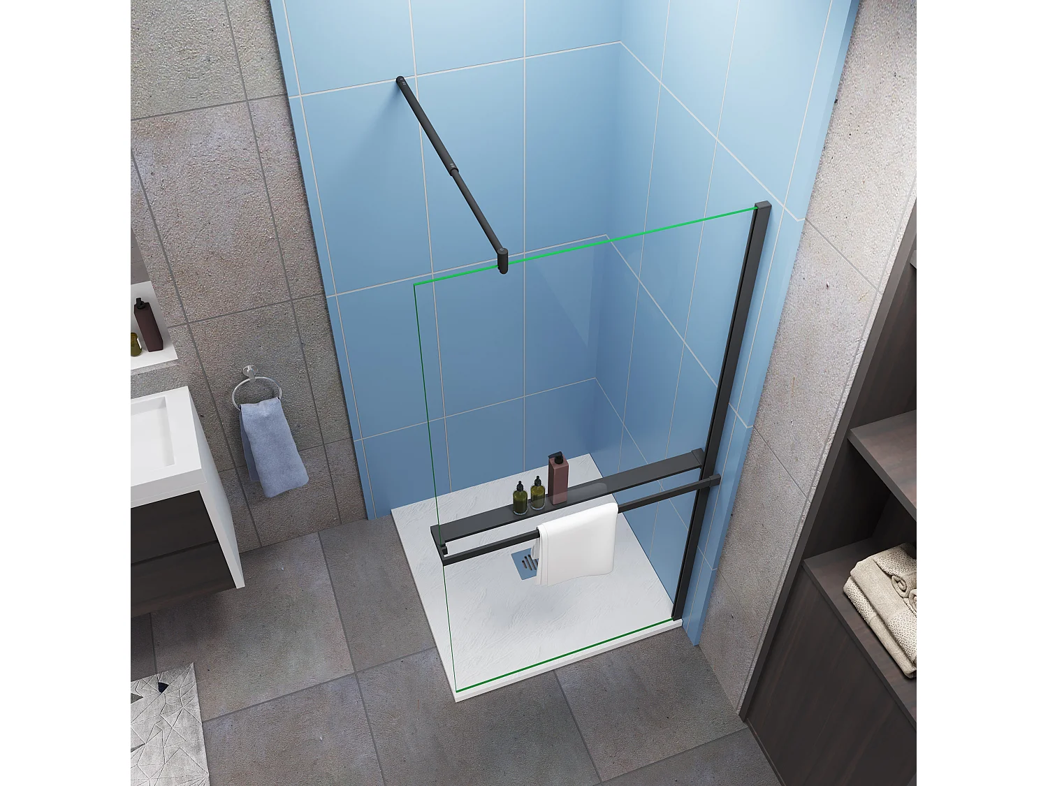 Paroi de douche fixe 80x200 cm + barre de fixation 70-120cm + Étagère de Douche 80cm en alu - verre 8 mm anticalcaire - Noir mat