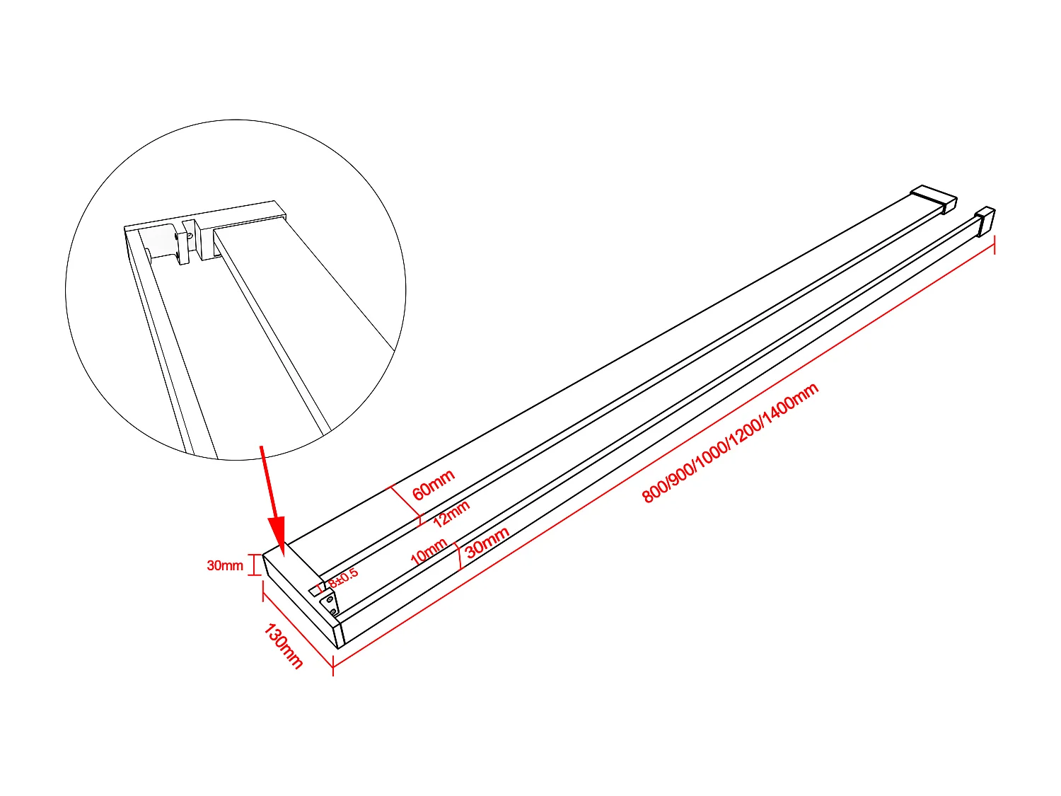 Zwart inloopdouchescherm 140x200 cm, 8 mm antikalkkleurig glas + 140 cm aluminium planchet + 90 cm montagestang