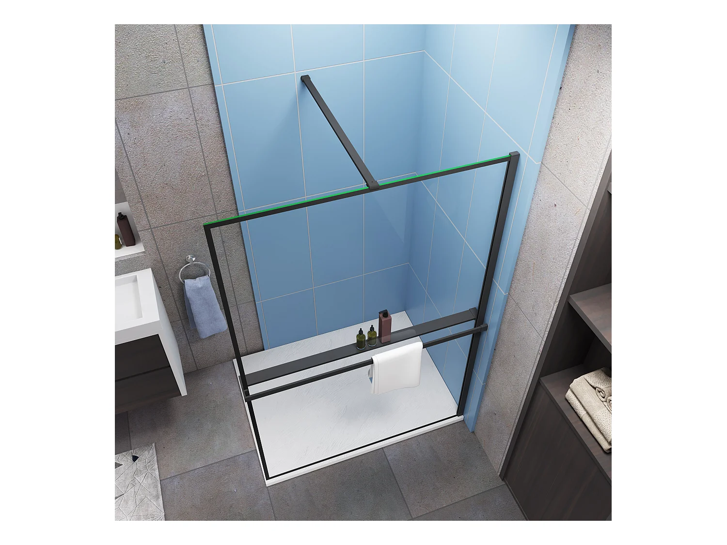 Paroi de douche à l'italienne noir 140x200cm - 8mm verre anticalcaire Avec Étagère de Douche 140cm en alu noir + barre de fixation noir 140cm