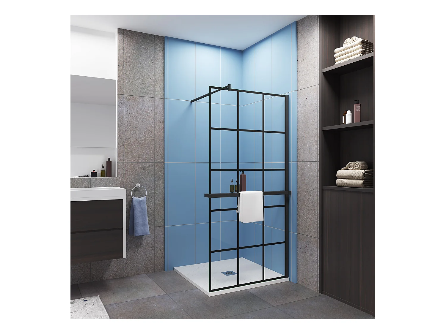 Paroi de douche à l'italienne noir 80x200cm + Étagère de Douche 80cm en alu - 8mm Verre coloré anticalcaire avec barre de fixation noir 70-120cm