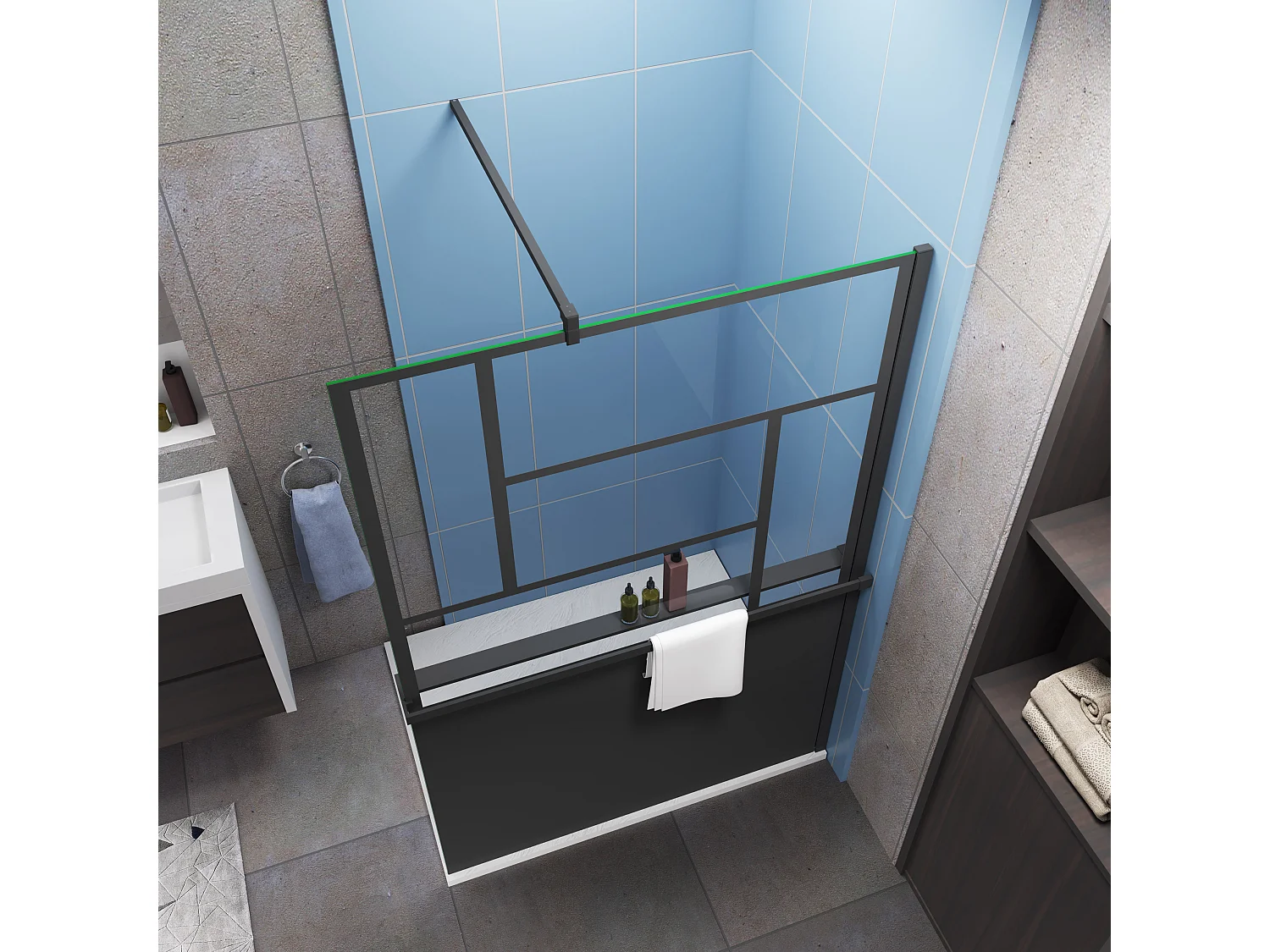 Paroi de douche 100x200cm style industriel + Étagère Douche 100cm noir + 8mm verre sécurité + barre fixation avec pince 90cm